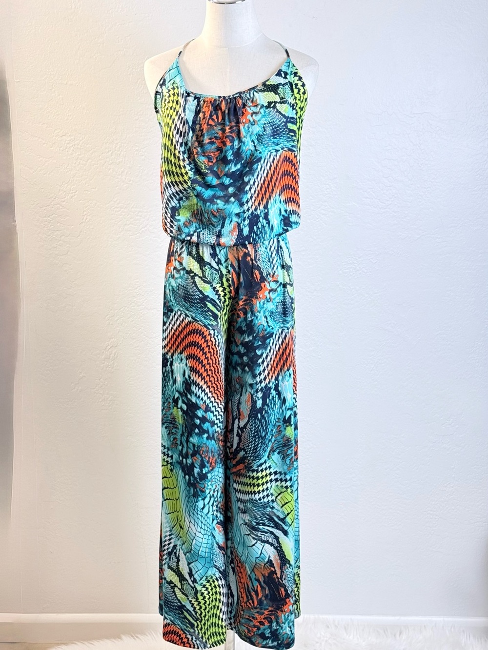 Vibrant‎ Mixed Animal Print Wide Leg Jumpsuit Sleevless Size L Boho Resort